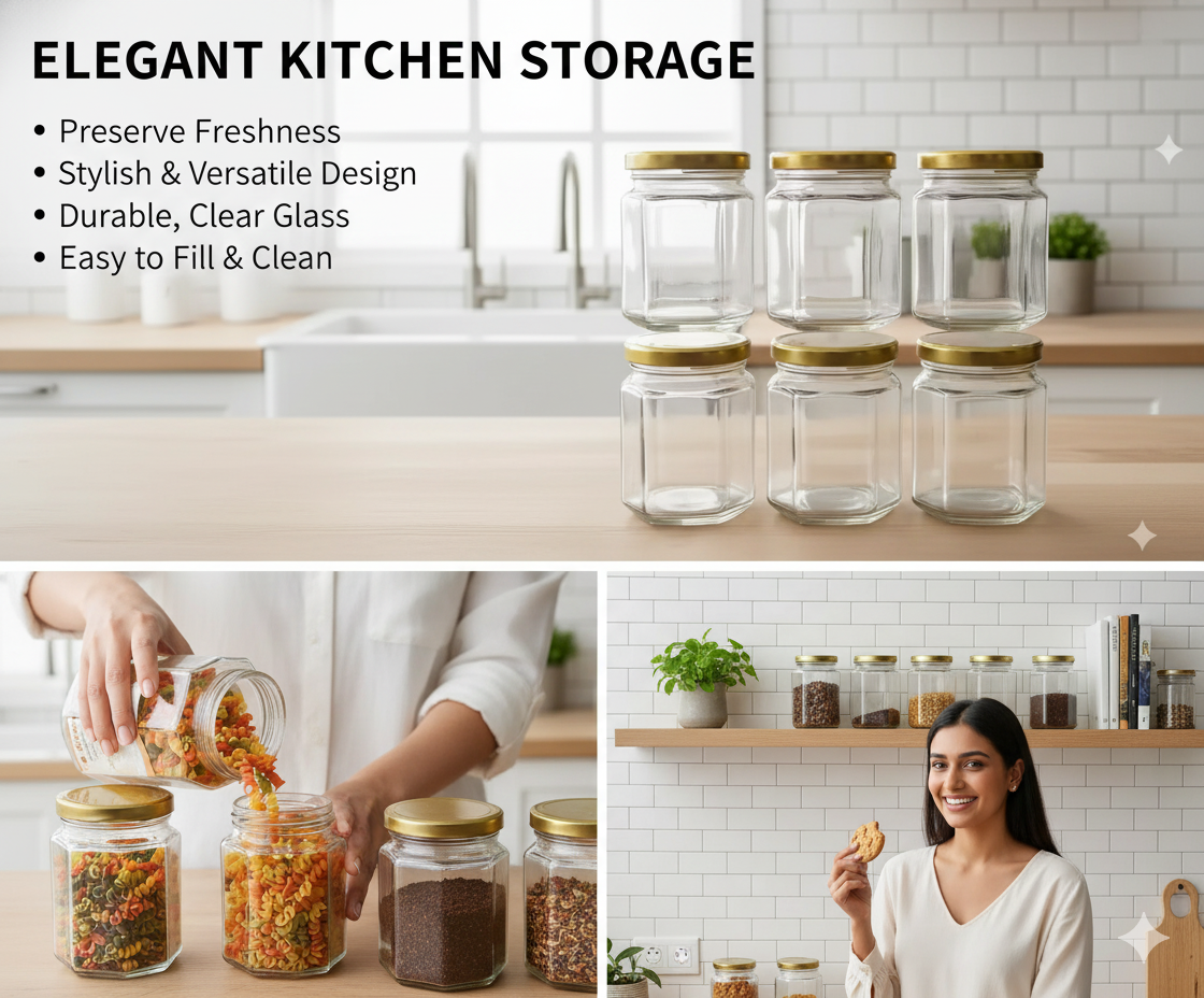 Premium Storage & Organization Bundle – 6-Piece Glass Jar Set (250 ml) + 2-Tier Folding Metal Rack (Black)