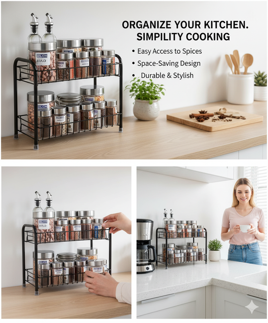 Premium Storage & Organization Bundle – 6-Piece Glass Jar Set (250 ml) + 2-Tier Folding Metal Rack (Black)