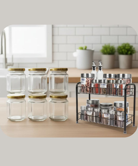 Premium Storage & Organization Bundle – 6-Piece Glass Jar Set (250 ml) + 2-Tier Folding Metal Rack (Black)